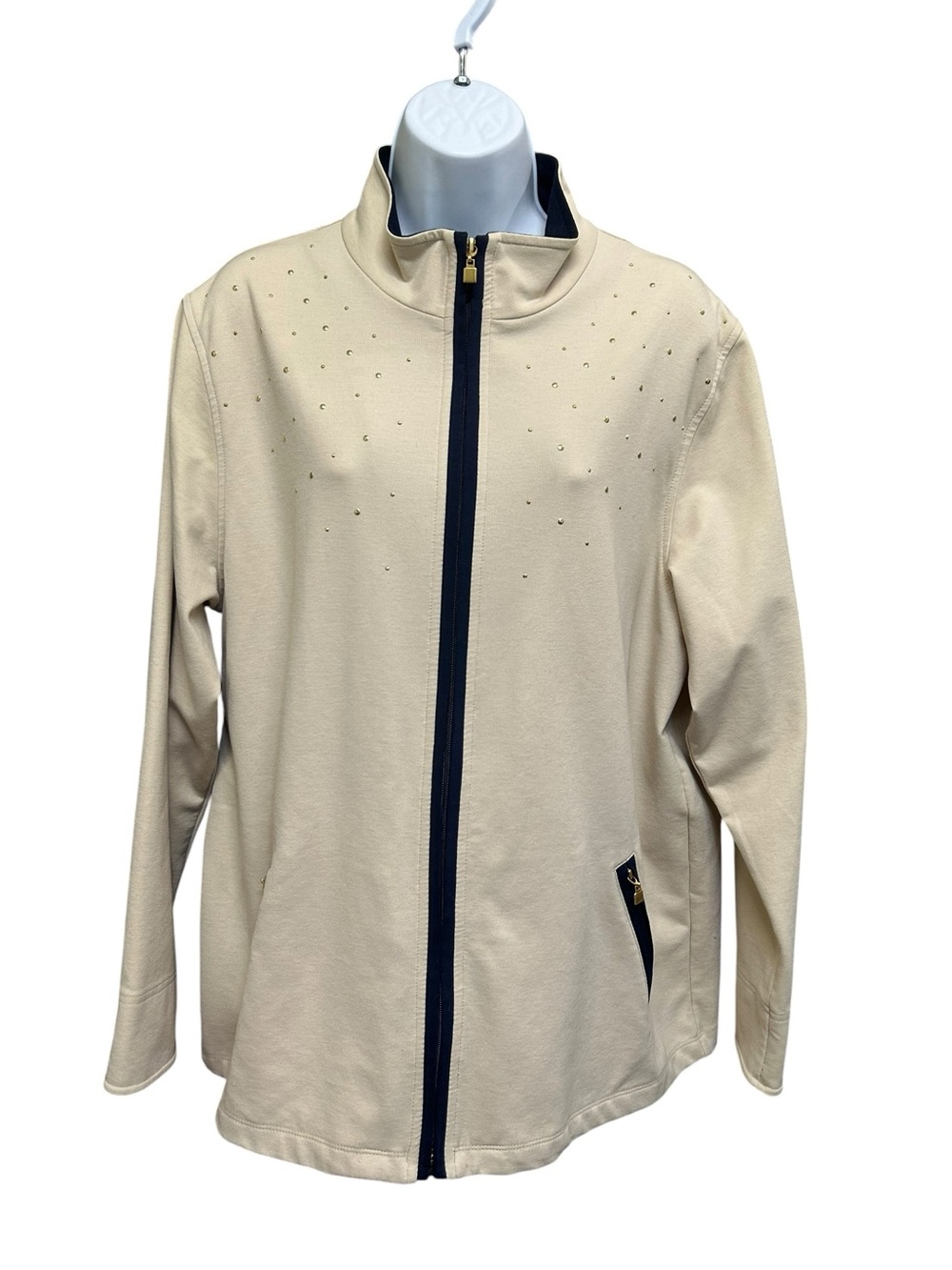 Alia Neutral Blue Zip Front Classic Golden Stud Jacket Size L